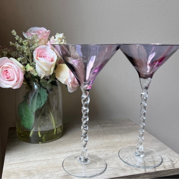 Pair/2 Romanian Blown Glass Amethyst Bowl Barley Twist Stem Tall Martini Glasses - Picture 2 of 12